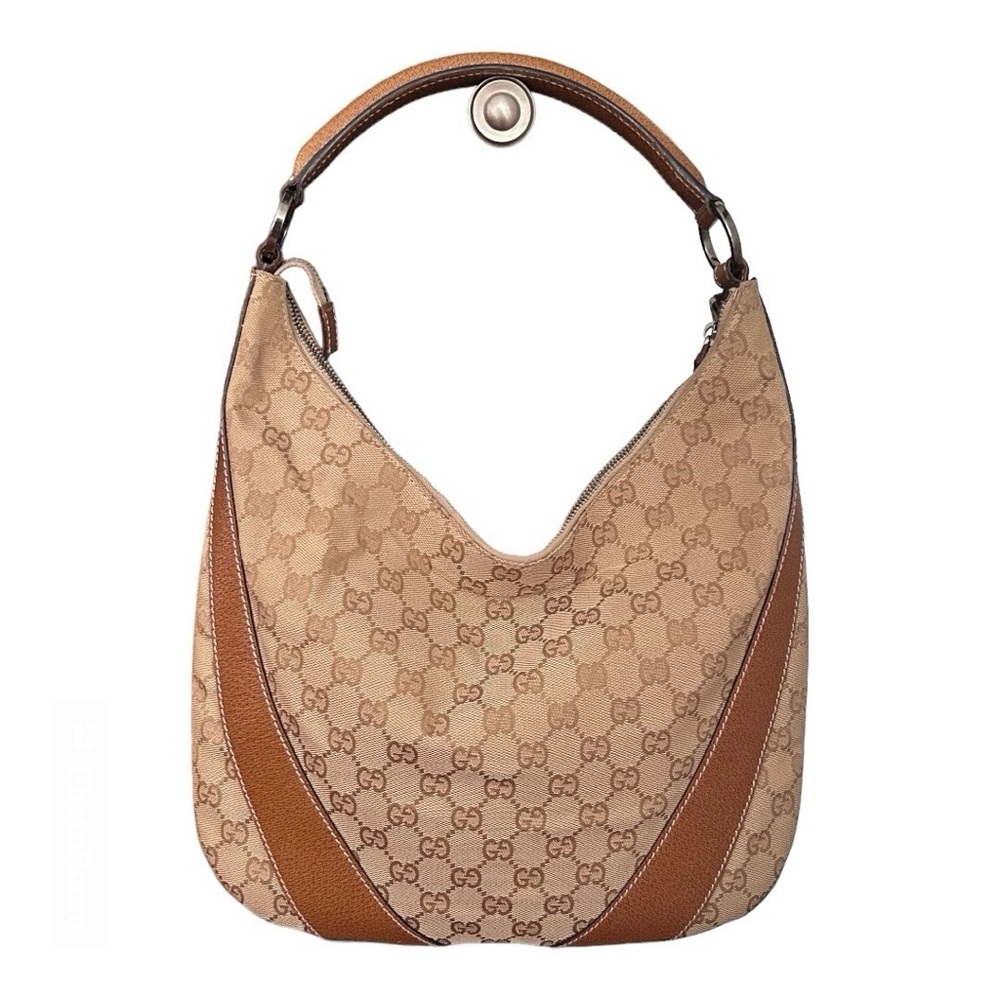 Gucci GG Monogram Beige Canvas Leather Hobo Shoulder Bag Tote
